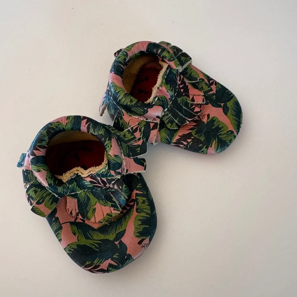 Freshly Picked Tropical Print Pink Baby Moccasin Shoes Size 1